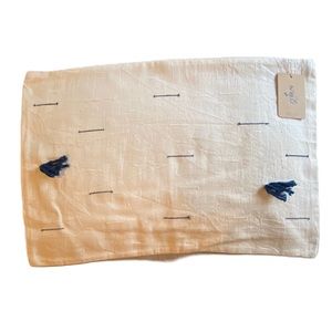 NWT Handmade Pillow Cover by Ichcha in Cream with Navy Stitching & Poms 14”x20”